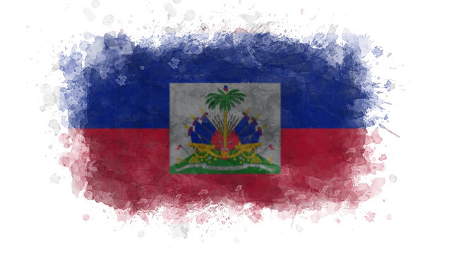 The flag of Haiti is depicted with a watercolor splash effect on a white background, symbolizing the Caribbean nation's independence.