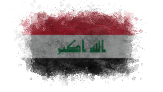 The flag of Iraq is illustrated with a watercolor paint splash effect on a white background, representing the Middle Eastern country.