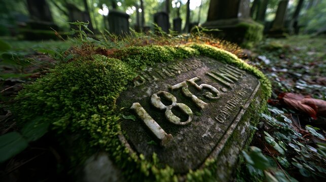 Ancient Stone Gravestone with Moss and Engraved Date, Historic Cemetery Scene