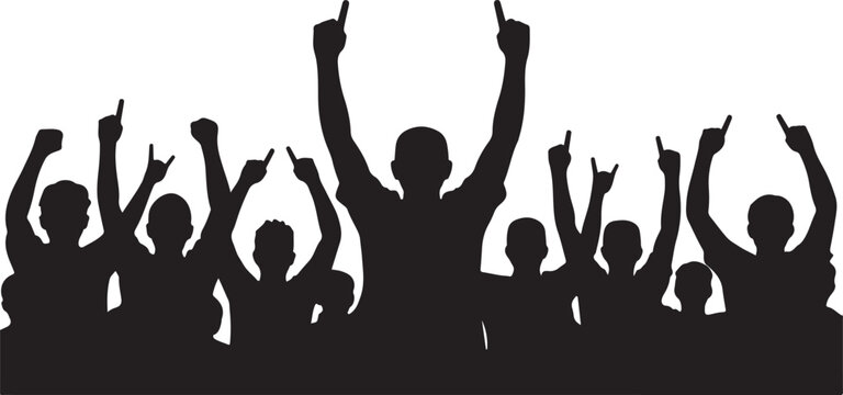 Silhouette of a cheering crowd of people with hands raised in the air