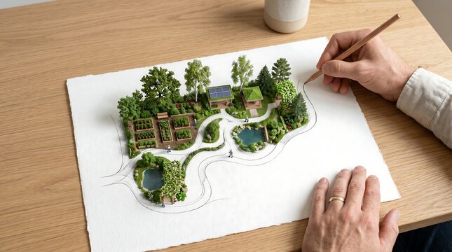 Hands drawing a 3D sustainable park model on paper