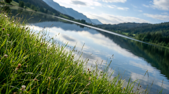 Dutch Angle View of Calm Mountain Lake with Sky Reflection and Grass Shoreline
