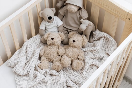Stuffed teddy bears inside cozy wooden baby crib