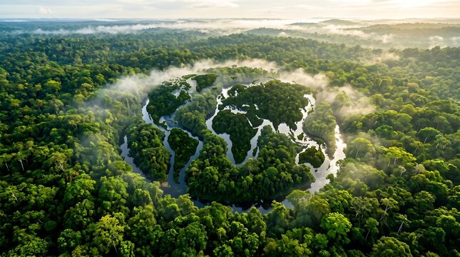 Aerial view of world map shaped forest in misty tropical jungle