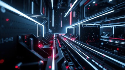 Fototapeta premium Futuristic corridor. Bright neon lights illuminate dark metallic surfaces. Complex circuitry creates intense visual depth.