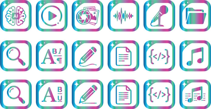 Gradient Holographic App Icon Set Brain AI Play Camera Audio Microphone Search Font Edit Document Code Music Vector Collection Isolated White Background Modern Design