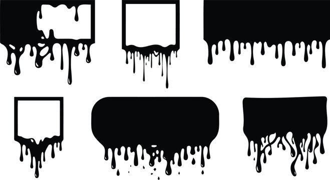 Black Melting Drip Shape Set Liquid Splash Blob Frame Border Grunge Horror Gothic Ink Paint Effect Vector Silhouette Collection Isolated White Background Design