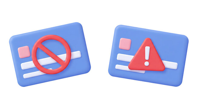 3D credit card icons with blocked payment sign and warning alert