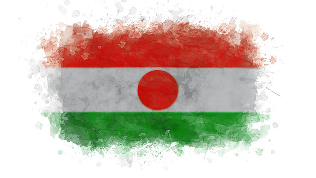 The flag of Niger appears with a watercolor texture, displaying its orange, white, and green stripes and central orange disc.