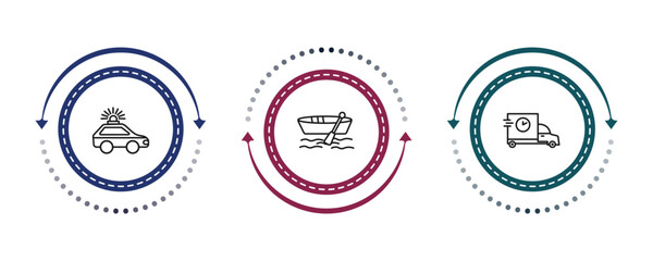 outline transport icons set - patrol car, dugout canoe, carrier. editable vector for web and mobile ui © IconArt
