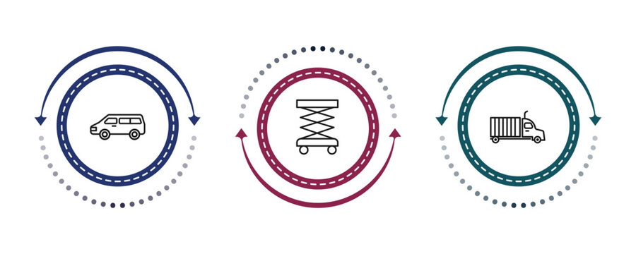 outline transport icons set - minivan, lifter, trucking. editable vector for web and mobile ui