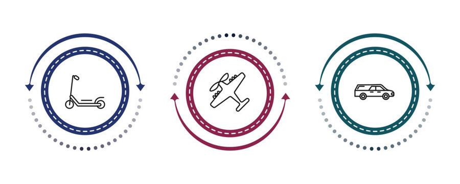 outline transportation icons set - scooter, light aircraft, hearse. editable vector for web and mobile ui