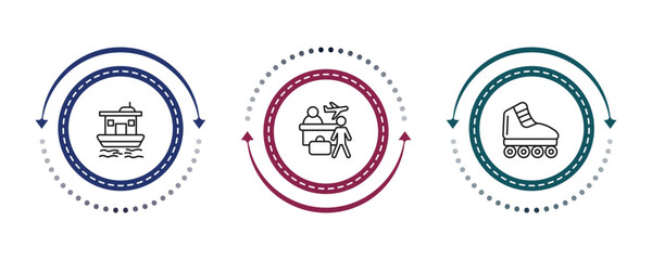 outline transportation icons set - houseboat, airport checking, inline skates. editable vector for web and mobile ui © IconArt