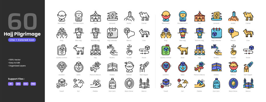 Hajj pilgrimage icon set collection - colored outline line art style. Man woman ihram hajj mina tent jamarat mount arafat kaabah location qibla umroh hair cut tahalul praying hands calendarmecca map