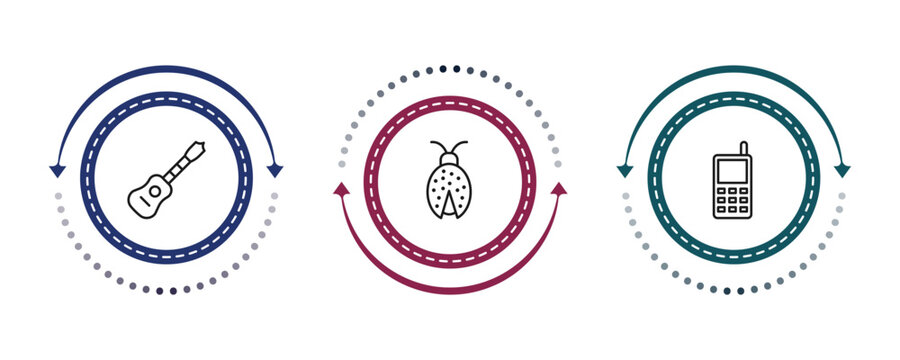 outline toys icons set - guitar toy, ladybug toy, phone toy. editable vector for web and mobile ui