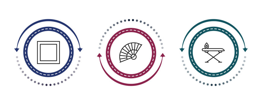 outline tools and utensils icons set - basic square, tessen fan, iron table. editable vector for web and mobile ui