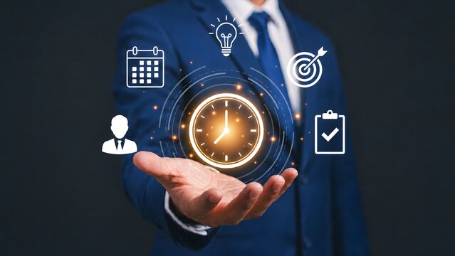 Businessman presenting time management dashboard with productivity icons for efficient workflow planning