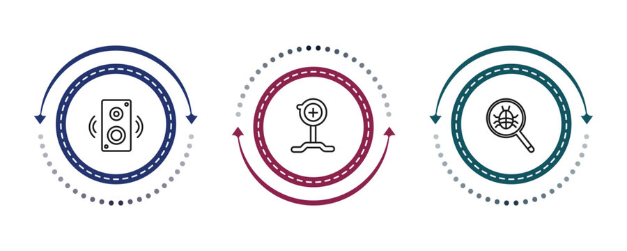 outline technology icons set - sound box, pitching hine, search bug. editable vector for web and mobile ui