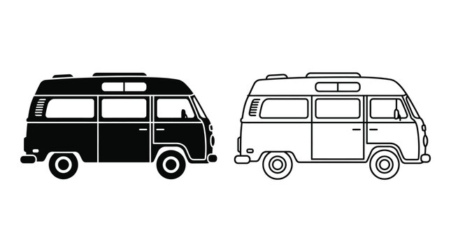 vintage camper van silhouettes black and white line art