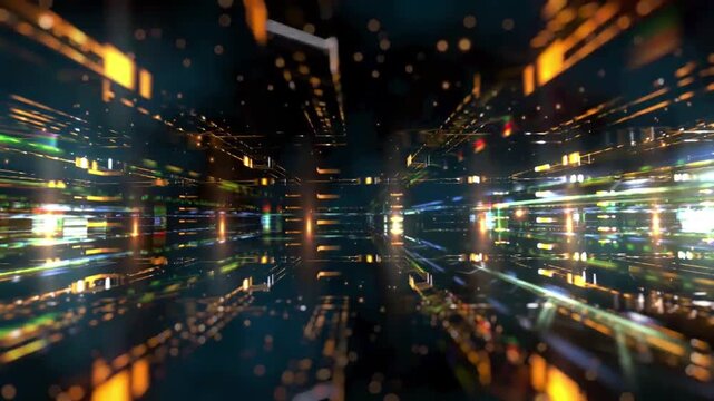 Futuristic digital data tunnel with glowing golden particles and cyan light streaks in seamless loop