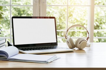 Fototapeta premium Remote work setup with laptop books and wireless headphones