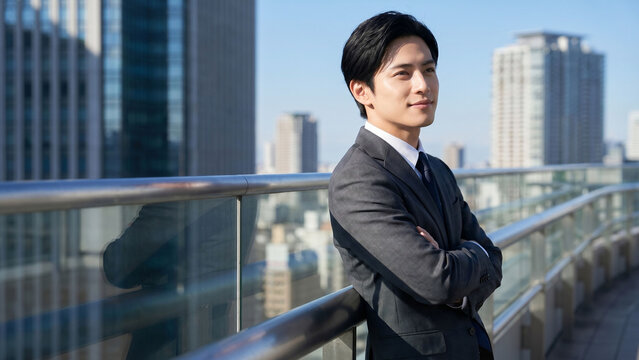 テラスで腕を組み、自信に満ちた表情で立つ若い男性エグゼクティブ。都会的で洗練された雰囲気の中に、統率力、決断力、責任感、成功、経営視点を感じさせる、企業広告や採用素材にも適したビジネスポートレート