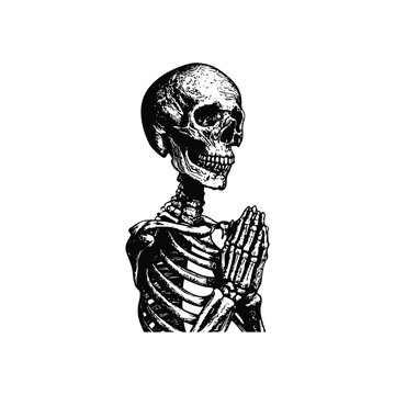 Black and white hand drawn skeleton illustration praying vintage style vector art
