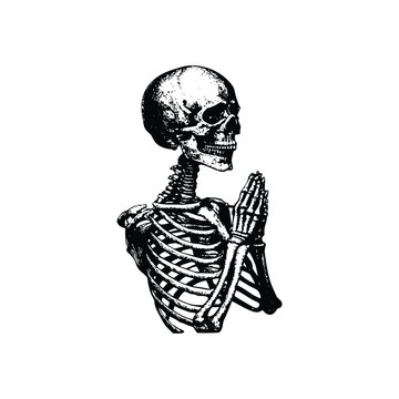 Black and white hand drawn skeleton illustration praying vintage style vector art