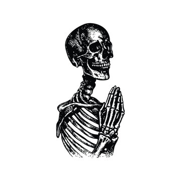 Black and white hand drawn skeleton illustration praying vintage style vector art
