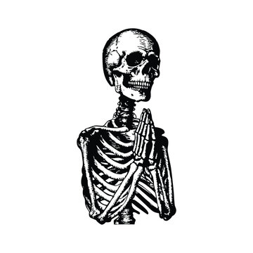 Black and white hand drawn skeleton illustration praying vintage style vector art