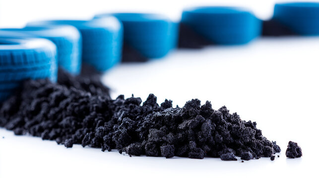 Pile of black granular industrial material or raw plastic pellets with blue bottle caps