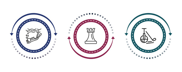 outline sport icons set - snow slide zone, tower from a chess, unicycling hockey. editable vector for web and mobile ui © IconArt