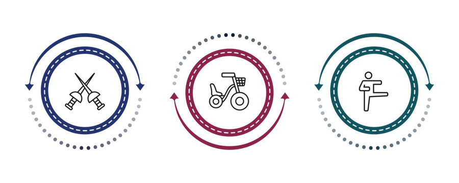 outline sport icons set - medieval fencing, bicycle for children, karate. editable vector for web and mobile ui