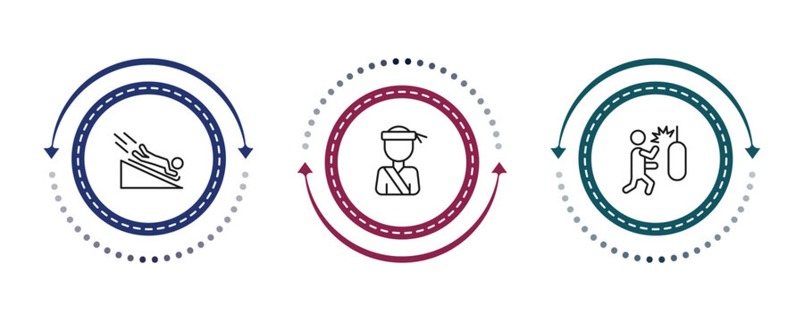 outline sports icons set - scuba diving, pencak silat, man punching. editable vector for web and mobile ui