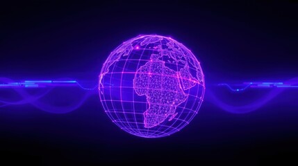 Naklejka premium Glowing globe, purple lines forming continents. Digital network visible, radiating energy. Futuristic design, dark background creates contrast.