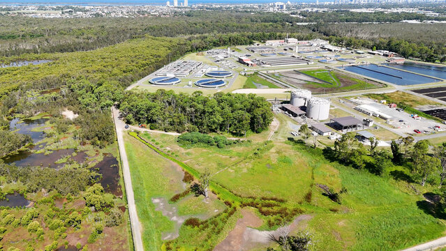 Aerial View of a Wastewater Treatment Plant Surrounded by Australian Bushland
