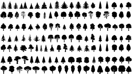 Collection of diverse black tree silhouettes arranged in a grid on a white background © Nikhil