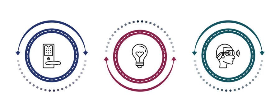 outline smart home icons set - handle, lightbulb, virtual reality. editable vector for web and mobile ui