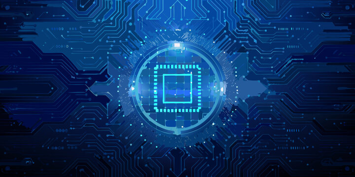 abstract circuit board pattern with glowing blue microchip in the center high quality professional detailed