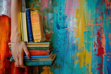 Creative individual holding a stack of vintage hardcover books against a vibrant, colorful abstract painted background, conveying artistic education, literary lifestyle, and modern academic concepts.