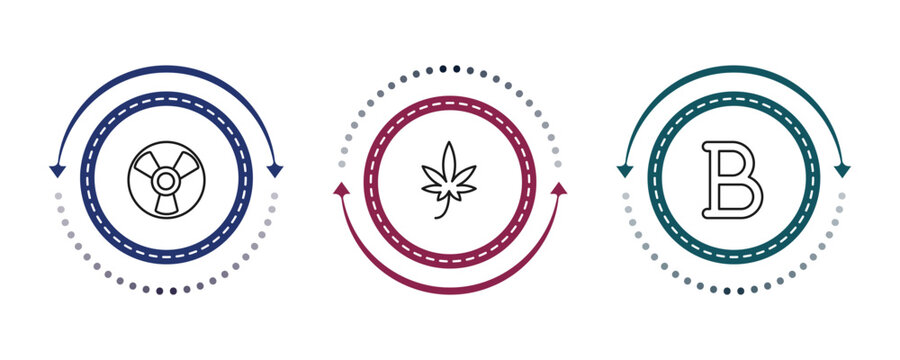 outline signs icons set - radioactive, marijuana, b letter. editable vector for web and mobile ui