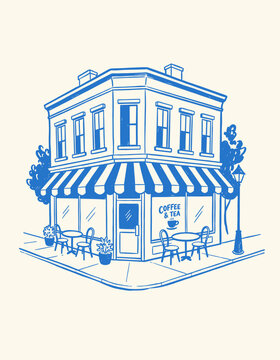 Vintage coffee shop sketch, blue ink cafe illustration, corner bistro architecture, retro tea shop storefront, hand-drawn urban cafe art