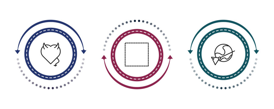 outline shapes icons set - devil heart with wings, dot square, moon and broom. editable vector for web and mobile ui