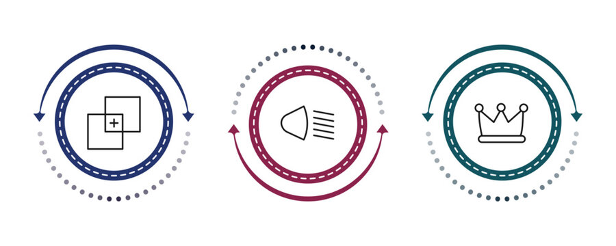 outline shapes icons set - paint selection, low beam, prince crown. editable vector for web and mobile ui