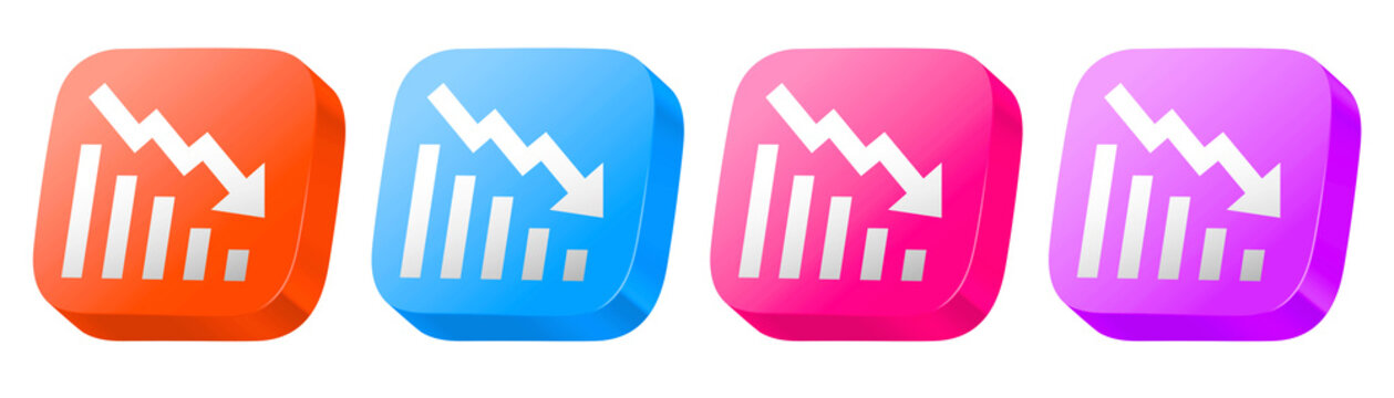 Glossy 3D bearish collection in orange, blue, purple, and pink, offering a colorful icon set for wealth management apps.
