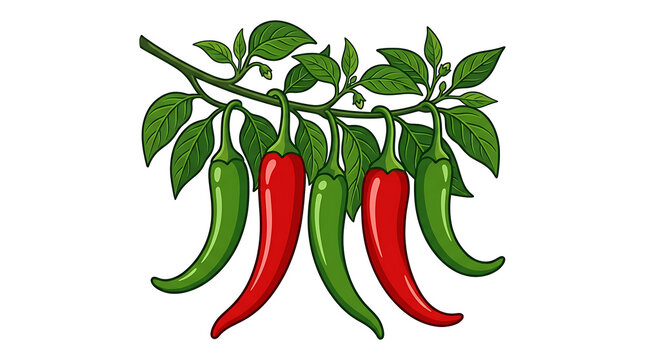 Group of red and green chili peppers hanging in a row on a branch with hot food