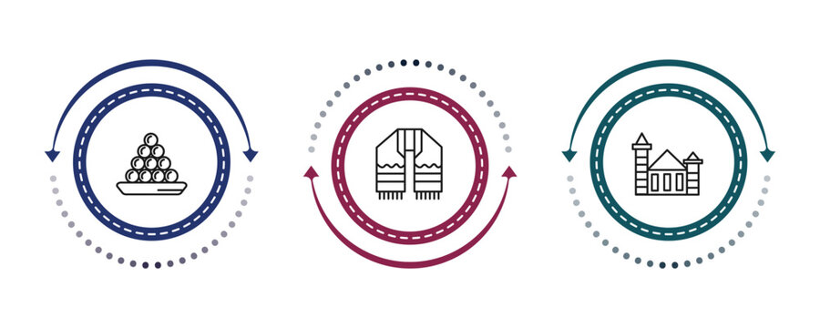 outline religion icons set - laddu, tallit, wat maha that. editable vector for web and mobile ui