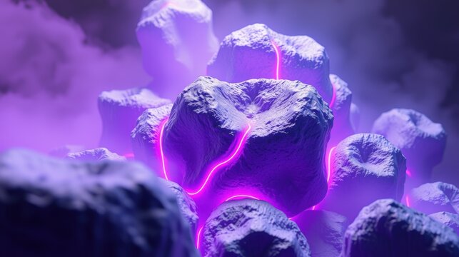 Glowing rocks, purple hues, dramatic lighting. Abstract landscape with neon cracks, mysterious atmosphere. Digital art creation.