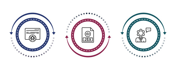 Obraz premium outline programming icons set - bug report, jsx, seo consulting. editable vector for web and mobile ui