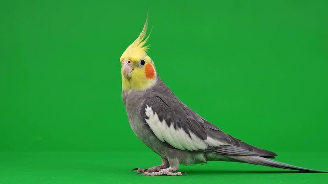 A beautiful cockatiel green screen, with its crest raised, cockatiel chirping happily, against a vibrant green